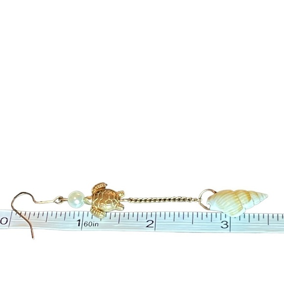 Vintage Brass Turtle, Pearl & Shell Long Dangling Drop Statement Earrings - Picture 6 of 6